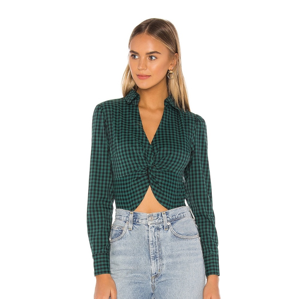 Lovers + Friends Green Black Gingham Twist-Front Bodysuit